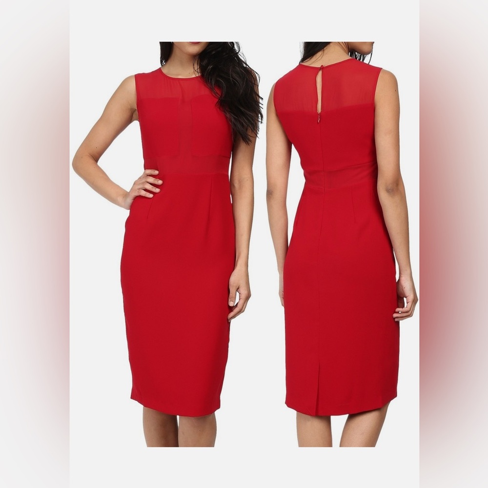 Andrew Marc New York Crimson Red Illusion Sheer Yoke Midi Crepe Dress//Sz 6